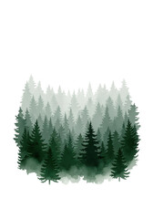 Fototapeta premium Stylized, tranquil, minimalist watercolor illustration of dense layered pine and fir trees in emerald and sage greens, using wet-on-wet technique on white paper. Concept of peaceful solitude and
