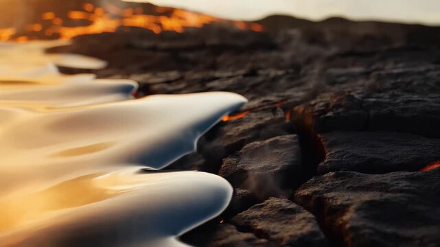 Waves crashing on rocky volcanic shore at sunset.