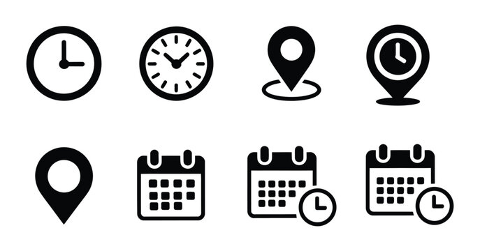 Time, address, and date icon set featuring clock, map pin location, and calendar symbols, modern flat vector illustrations for scheduling, navigation, and digital interface design