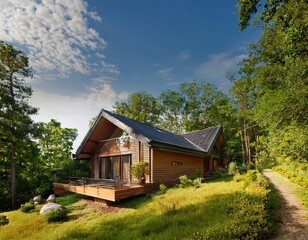 Fototapeta premium rustic summer house nestled amongst lush greenery perfect for a peaceful getaway enjoy the tranquility of nature s embrace in this charming retreat trees cabin cottage