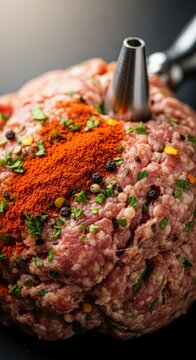Close-up shot of seasoned raw sausage mixture, often called forcemeat or dough, ready for casing and curing, showing texture and preparation steps, sausage, processing, butcher