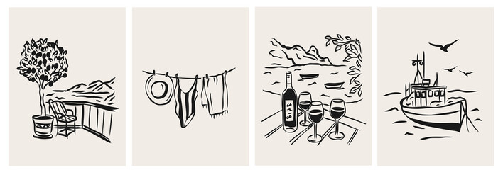Line art vintage mediterranean vacation posters © Maria