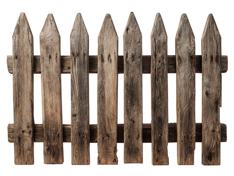 Weathered wooden picket fence with pointed tips isolated on transparent background