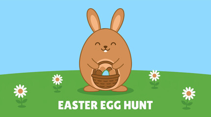 Fototapeta premium Cute bunny with basket of colorful Easter eggs in meadow vector