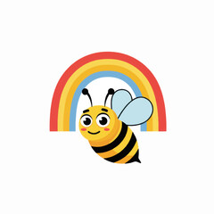 Obraz premium Happy Cartoon Bee Flying Near Rainbow.