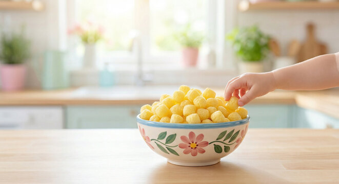 A child's hand reaches into a floral ceramic bowl of yellow corn puffs on a wooden counter in a sunny, softly blurred modern kitchen.