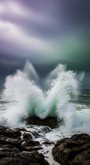 Obraz premium Powerful ocean waves crashing violently against dark coastal rocks under a dramatically stormy, ominous sky, water, powerful, coastal