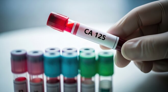 Gloved hand carefully holds a vibrant red blood sample tube labeled CA 125 representing oncology analysis and diagnostic materials