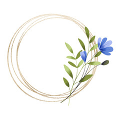Gold wreath, flowers  frame. Hand painting geometric golden border, background. Wild flowers, leaf, leaves, isolated on white background. © Larisa