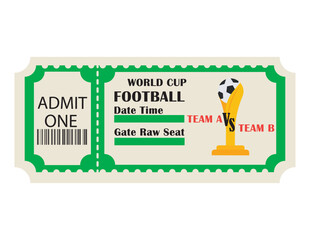 Fototapeta premium Football World Cup match ticket template with gold trophy and soccer ball icon. Vector sports event entrance pass.