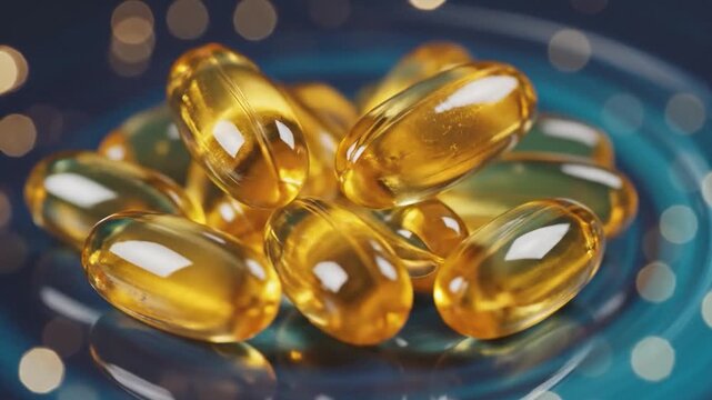 Close-up of golden omega-3 fish oil capsules on a blue plate with bokeh lights