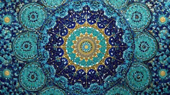 Mesmerizing mosaic pattern showcasing a symphony of intricate blue and gold geometric and floral motifs, reflecting ancient artistic traditions and cultural elegance