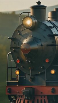 Close-up of a vintage steam locomotive's front with illuminated headlights against a blurred green landscape