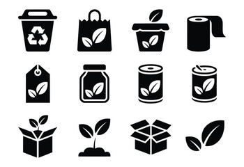 Obraz premium Eco friendly recycling icons packaging sprout nature solid glyph vector