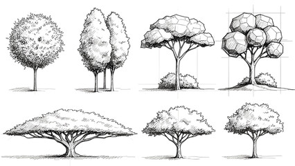 Hand drawn architecture tree sketches in side elevation view for landscape design and site planning © Emongrapic