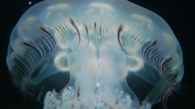 Translucent jellyfish with tentacles adrift in dark waters, a mesmerizing marine creature