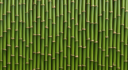 Obraz premium Realistic background of green bamboo stalks arranged vertically, showing natural texture and repeating pattern. Ideal for nature, tropical, eco, zen, and organic design themes.