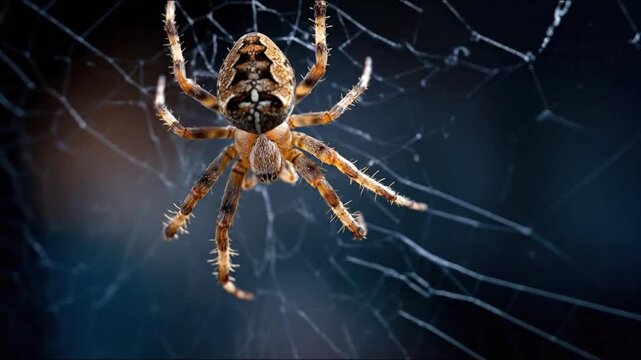 Macro close-up of a cross orb-weaver spider resting on its intricate web in a garden