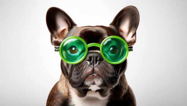 a playful french bulldog with tiny round green glasses standing confidently against a solid white background the glasses give the dog a fun and spirited appearance
