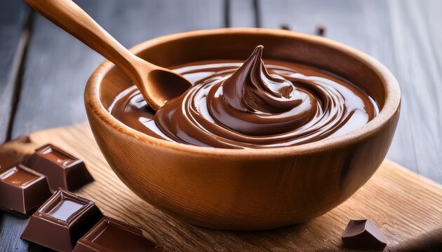 delicious melted chocolate in a wooden bowl with a spoon ready to be served and enjoyed creating a