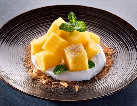delicious pineapple chunks with coconut cream dessert presentation on a plate showing detail and