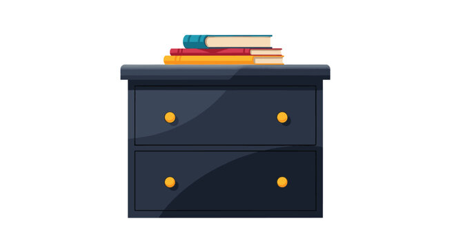 Dark blue two-drawer nightstand or bedside table with a stack of colorful books on top, isolated on a white background.