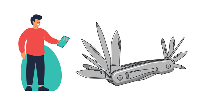 Concept of versatility and multitasking with a man holding a tablet next to a large, open multi-tool pocket knife icon.