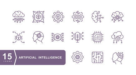 Set Vector Line Icons of Artificial Intelligence. Machine learning outline pictograms. Machine learning icons set.