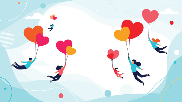 Whimsical illustration of diverse people floating through the clouds using large heart shaped balloons for a concept of love and freedom in the sky.