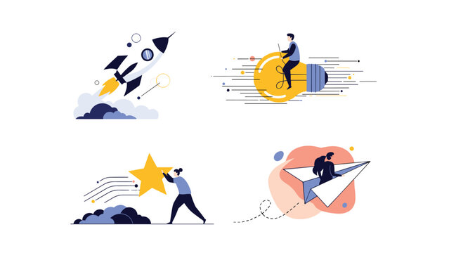 Collection of motivational business icons including a rocket launch and ideas taking flight representing success and creative goals in the office.