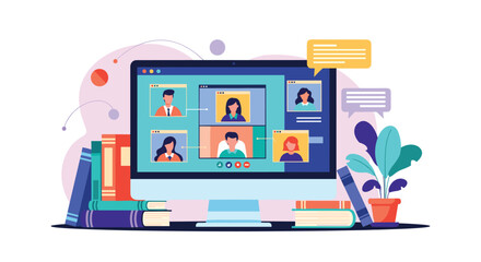 Fototapeta premium Computer monitor displaying a video conference call with multiple participants, symbolizing remote work and online education.