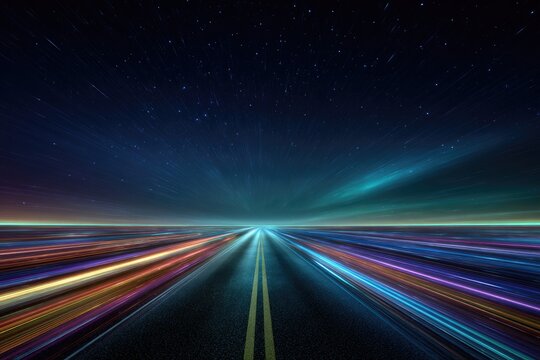 A vibrant, abstract illustration of a highway speeding into the vast, starry night sky. Blurry streaks of light dominate the road