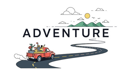 Naklejka premium Group of friends waving from the back of a red pickup truck driving on a winding road toward a mountain range with the word adventure.