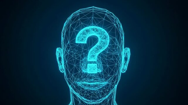 Digital Human Head With Question Mark Over Its Head Showcasing Technology Concepts Against Dark Blue Background For Innovation Ai Cybersecurity Themes