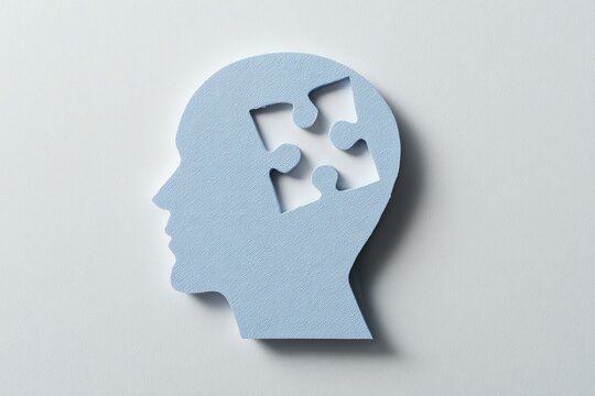 A light blue paper cutout of a human head silhouette with a puzzle piece missing from the brain area. It sits against a white background