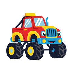 Fototapeta premium A colorful cartoon monster truck vector with large wheels and a smiling face. Perfect for kids, toys, and children's games.