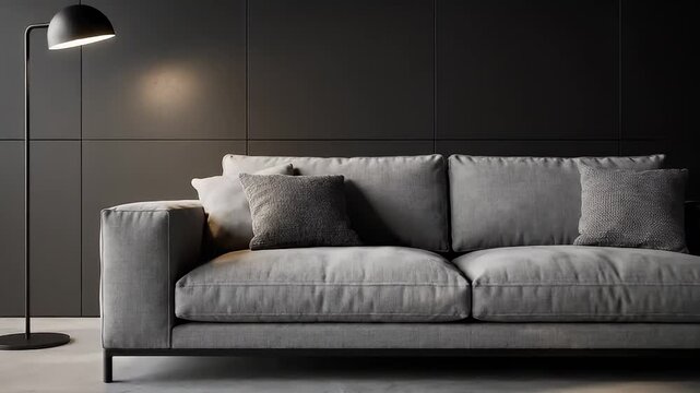 Modern Gray Sofa with Pillows and Lamp.
