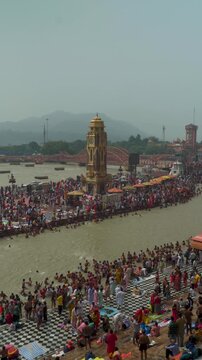 Devotees Taking Holy Dip in Ganges at Har Ki Pauri on Sawan Shivratri, Haridwar