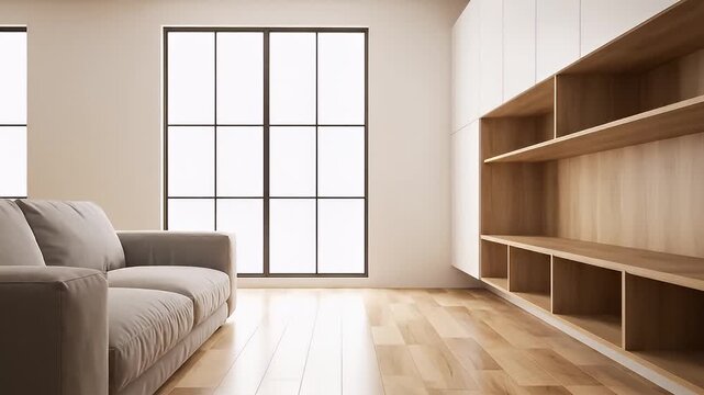 Modern Living Room Interior with Shelves.