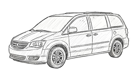 Hand-drawn sketch of a modern minivan on a white background