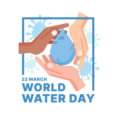 World water day - Three hand hold drop water around on water splash and blue line frame vector design