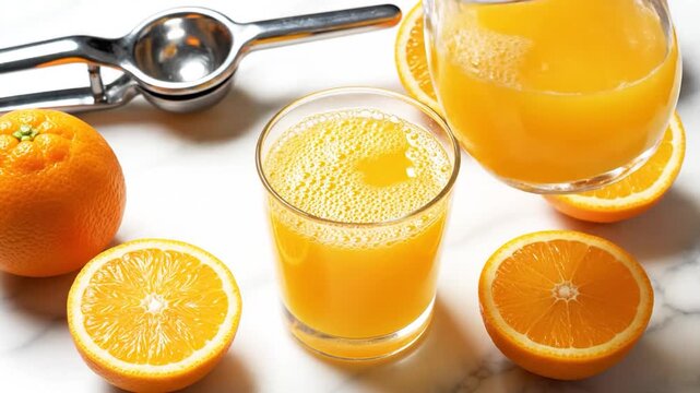 Freshly squeezed orange juice being poured into a glass with whole and halved