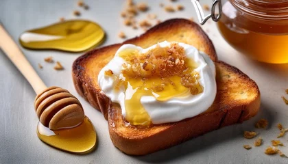Sierkussen Restaurant close up of a delicious toast with yogurt and honey  © Veneta