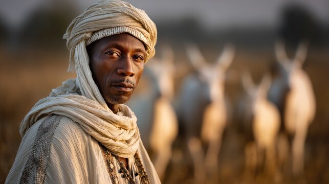 Traditional Fulani man with herd of cattle in open grassland reflecting culture and serenity
