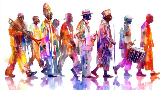 Vibrant parade of african men in colorful attire playing instruments International Mummer's Parade