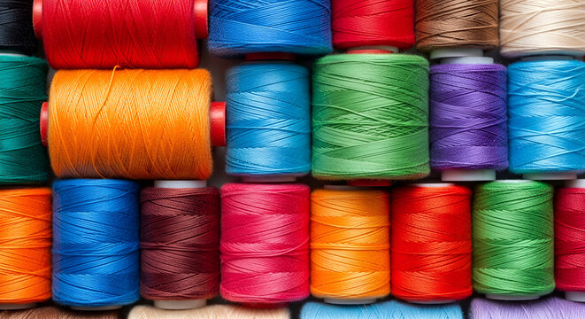 Colorful sewing thread spools arranged in a neat grid pattern. The visible thread texture and vibrant colors create a realistic background ideal for craft, textile, creativity, and design themes.