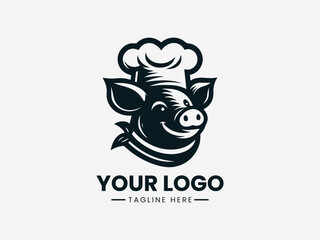 Black and white logo of a pig wearing a chef's hat on a clean white background with bold text