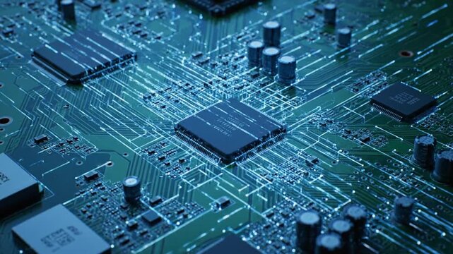 Close-up of intricate electronic circuitry on a computer board, glowing with blue light, symbolizing advanced technology, data processing, and digital innovation