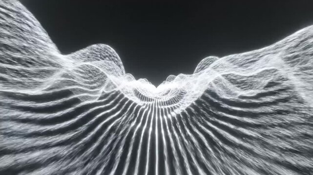 Abstract digital waveform creating a dynamic glowing light pattern on a dark