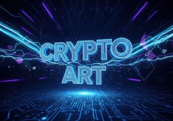 Glowing neon signage reading 'CRYPTO ART' hovers above a futuristic digital circuit board floor